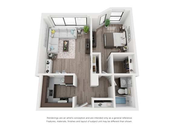 A white and wood floor plan of a house with a kitchen, living room, and two bedrooms.