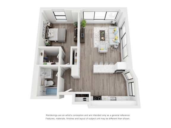 3D rendering of one bedroom apartment layout at River North Park Apartments, Illinois
