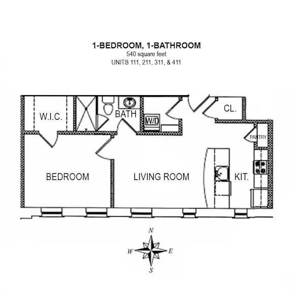 2-D floor plan of 1-bedroom, 1-bath 540 square foot apartment (units 111, 211, 311, & 411)