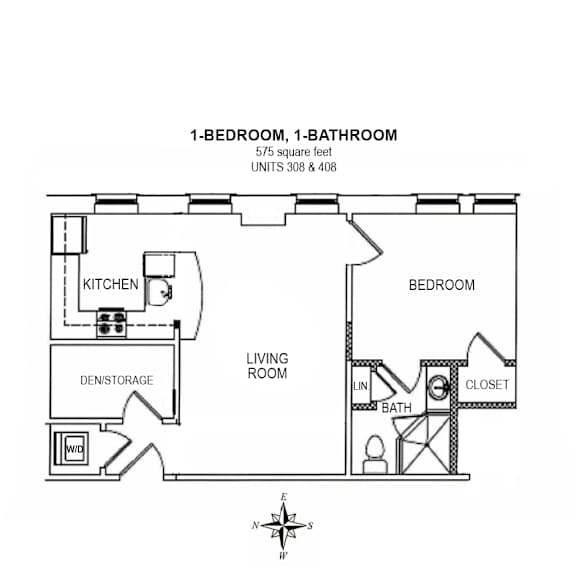 2-D floor plan of 1-bedroom, 1-bath 575 square foot apartment (units 308 & 408)