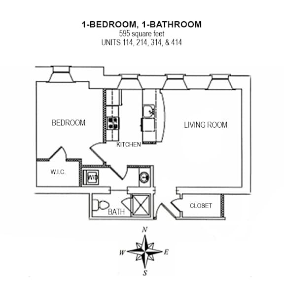 2-D floor plan of 1-bedroom, 1-bath 595 square foot apartment (units 113, 214, 314, & 414)