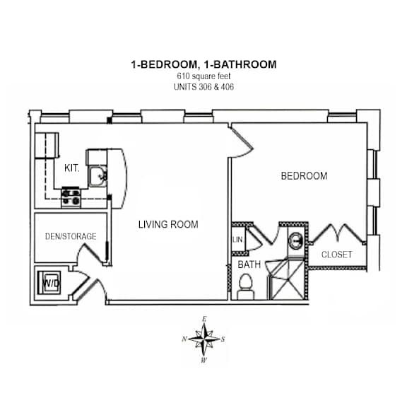 2-D floor plan of 1-bedroom, 1-bath 610 square foot apartment (units 306 & 406)