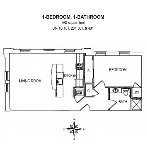 2-D floor plan of 1-bedroom, 1-bath 760 square foot apartment (units 101, 201, 301, & 401)