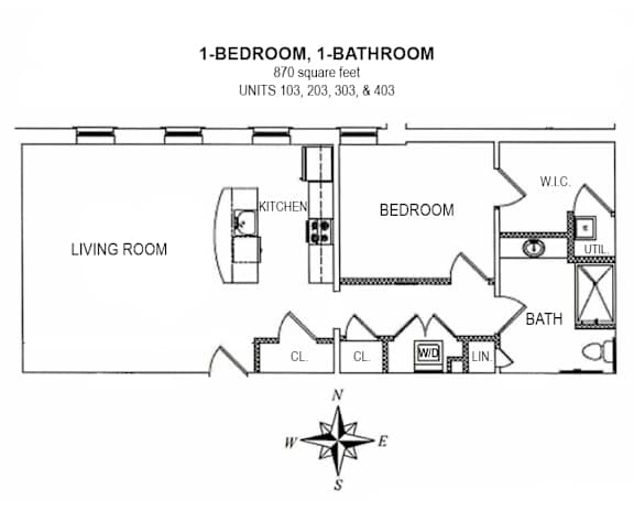 2-D floor plan of 1-bedroom, 1-bathroom, 870 square foot apartment (units 103, 203, 303, & 403)