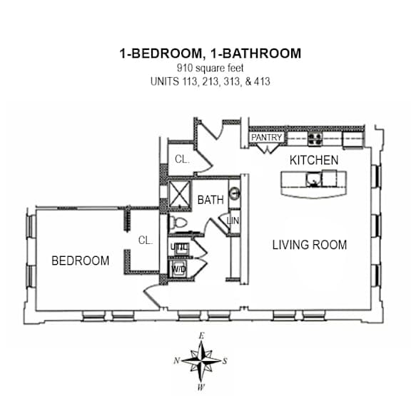 2-D floor plan of 1-bedroom, 1-bath 910 square foot apartment (units 113, 213, 313, & 413)
