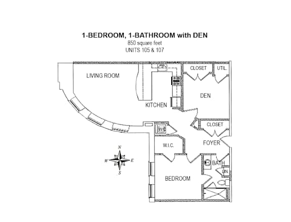2-D floor plan of 1-bedroom, 1-bathroom with den apartment (850 square feet)