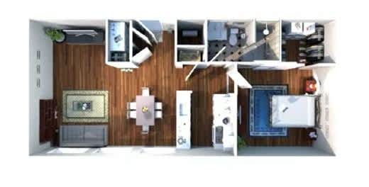 3-D floor plan of 1-bedroom, 1 bath apartment (575-730sf)