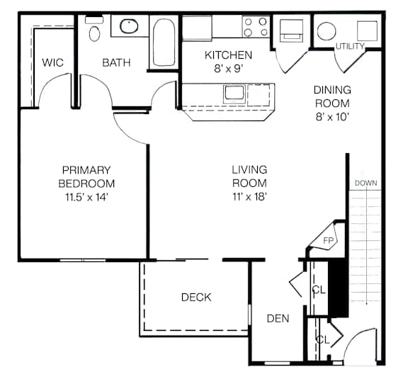 2-D floor plan of 1-bedroom upper apartment with a study and a balcony