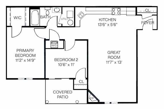 2-D floorplan of a 2-bedroom, 1-bathroom 1st floor apartment with a covered patio and open layout