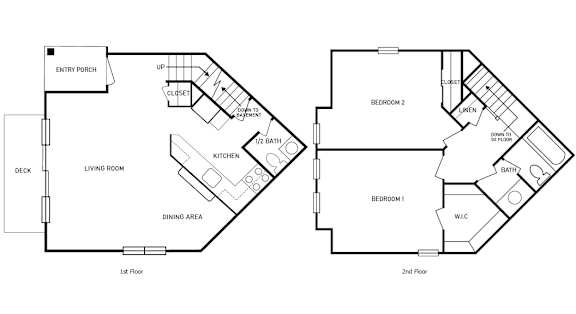 2-D floor plan of a 2-bedroom, 1.5-bathroom, 2-story townhome apartment with finished basement