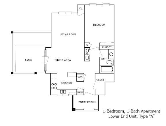 2-D floor plan of 1-Bedroom, 1-Bath Lower End Unit Apartment with fenced patio area (Type "A")