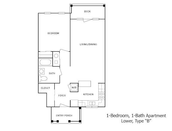 2-D floor plan of 1-Bedroom, 1-Bath Lower Apartment with Back Porch (Type "B")
