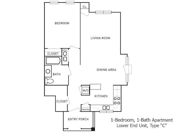2-D floor plan of 1-Bedroom, 1-Bath Lower End Unit Apartment (Type "C")