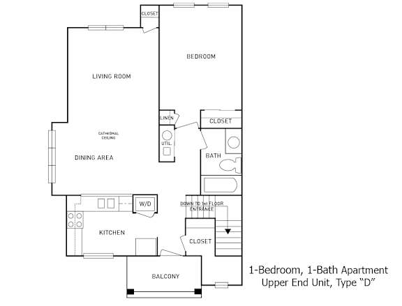 2-D floor plan of 1-Bedroom, 1-Bath Upper End Unit Apartment with balcony (Type "D")