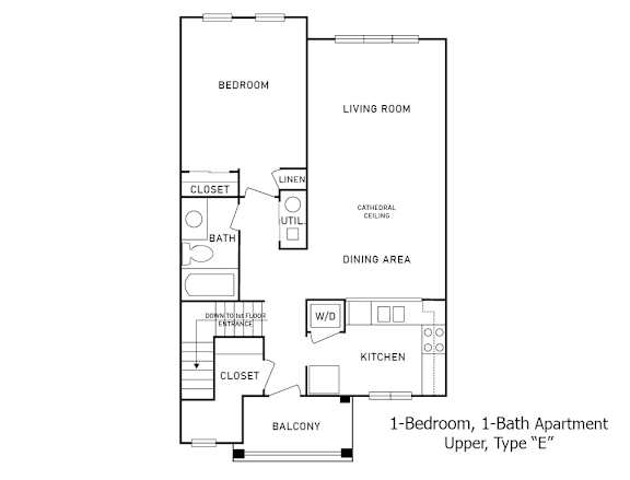 2-D floor plan of 1-Bedroom, 1-Bath Upper Apartment with balcony  (Type "E")