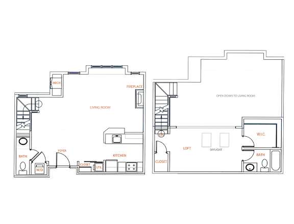 2-D floor plan of a 1-bedroom loft with 1.5 bathrooms 2-story apartment
