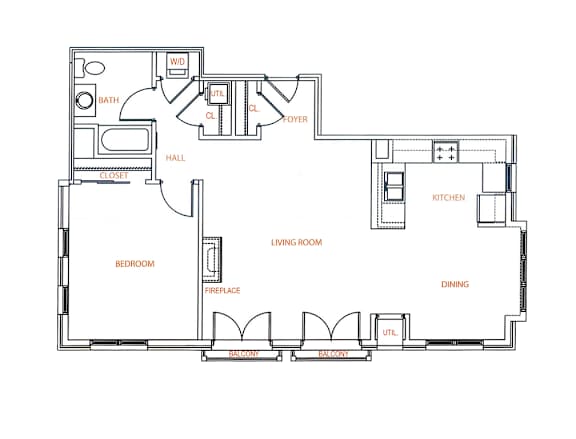 2-D floor plan of a 1-bedroom, 1-bathroom apartment with fireplace & 2 juliette balconies