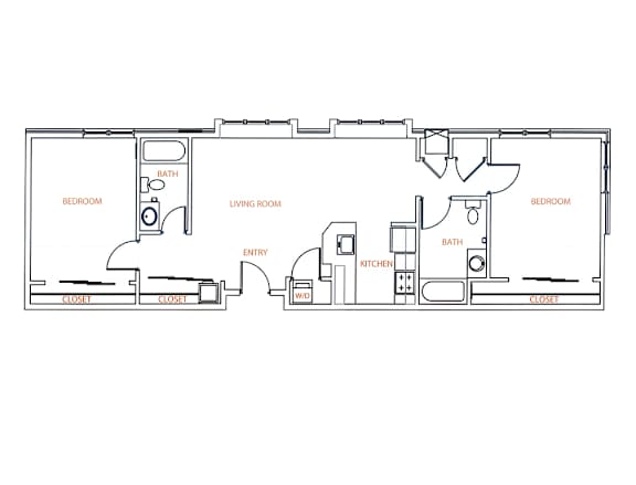 2-D floor plan of 2-bedroom, 2-bath ranch-style apartment with bedrooms on either side of the great room