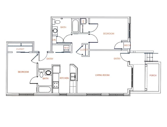 2-D floor plan of 2-bedroom, 2-bath ranch-style apartment with interior & exterior entrances