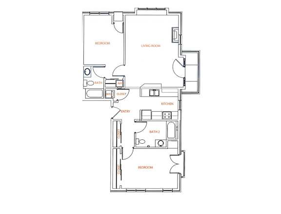 2-D floor plan of a 2-bedroom, 2- bathroom apartment with balcony & juliette balcony