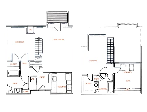 2-D floor plan of a 2- or 3-bedroom loft with 2-bathrooms & a balcony (2-story apartment)