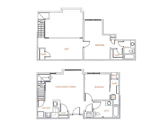 2-D floor plan of a 2-bedroom, 2-bathroom loft (2-story apartment)