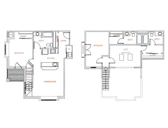 2-D floor plan of a 2- or 3-bedroom loft with 3 bathrooms and 2 balconies (2-story apartment)