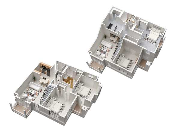 3-D floor plan 3-bedroom, 2-bathroom 2-story apartment with loft