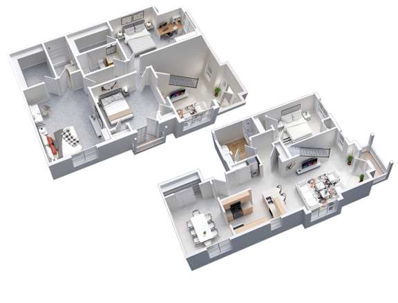 3-D floor plan of 4-bedroom, 3-bathroom,. 2-story apartment with dining room & 2 balconies