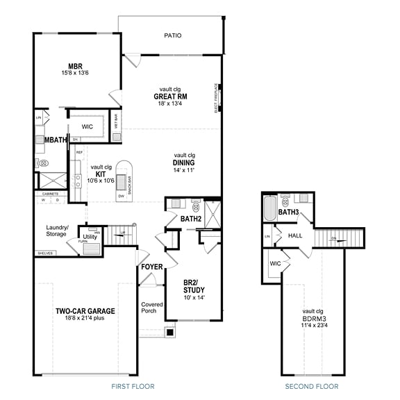 2-D floor plan for 3-bedroom, 3-bathroom, 2-story townhome with attached 2-car garage