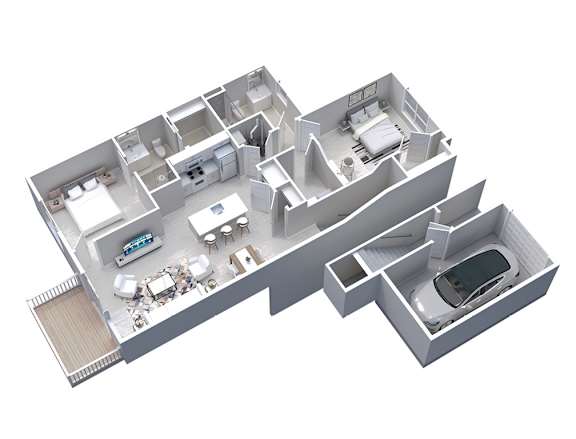 3D floor plan of 2-Bedroom, 2-Bath Upper Apartment with 1-Car Garage (1136 sq ft)