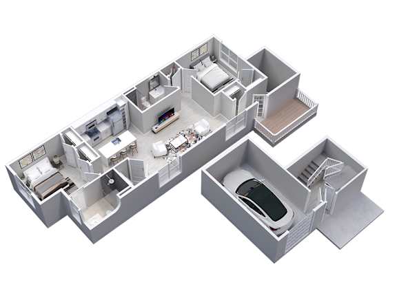3D floor plan of 2-Bedroom, 2-Bath End Unit Upper Apartment with 1-Car Garage (1157 sq ft)