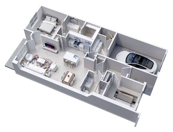 3D floor plan of 2-Bedroom, 2-Bath Ranch Townhome with 1-Car Garage (1165 sq ft)