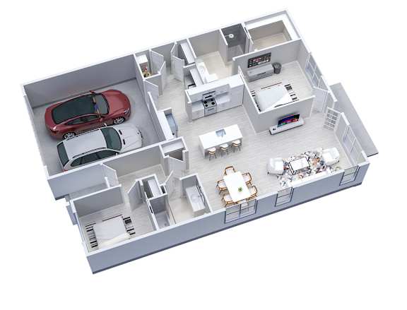 3D floor plan of 2-Bedroom, 2-Bath End Unit Ranch Townhome with 2-Car Garage (1315 sq ft)