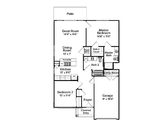 2-D floor plan of 2-bedroom, 2-bathroom ranch townhome with 1-car garage and private patio