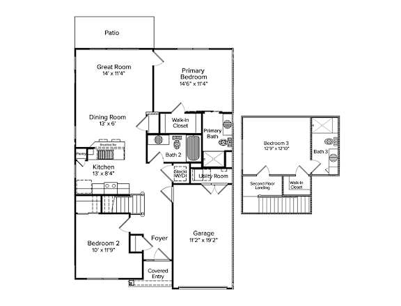 2-D floor plan of 3-bedroom, 3bathroom, 2-story townhome with 1-car garage & patio