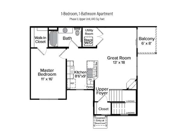 2-D floor plan of a 1-bedroom, 1-bathroom upper apartment in Phase II with private balcony (843 square feet)