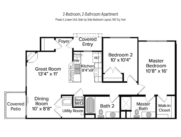 2-D floor plan of a 2-bedroom, 2-bathroom lower apartment in Phase II with side-by-side bedrooms, & private patio (992 square feet)