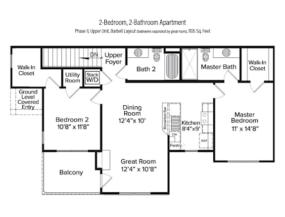 2-D floor plan of a 2-bedroom, 2-bathroom upper apartment in Phase II with the bedrooms on either side of the great room (1105 square feet)