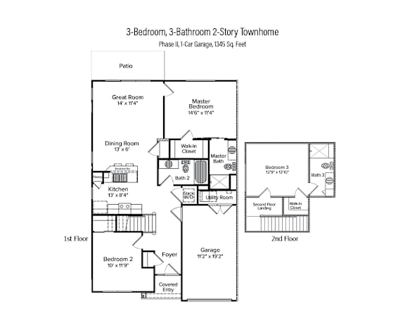 2-D floor plan of a 3-bedroom, 3-bathroom 2-story townhome in Phase II with 1-car garage & private patio (1345 square feet)