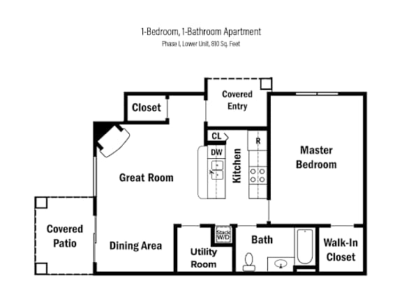 2-D floor plan of a 1-bedroom, 1 bath lower apartment in Phase I with private patio (810 square feet.)