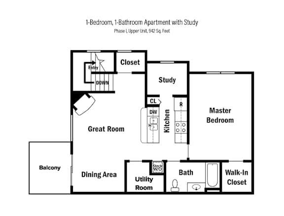 2-D floor plan of a 1-bedroom, 1-bathroom upper apartment in Phase I with study & private balcony (942 square feet)