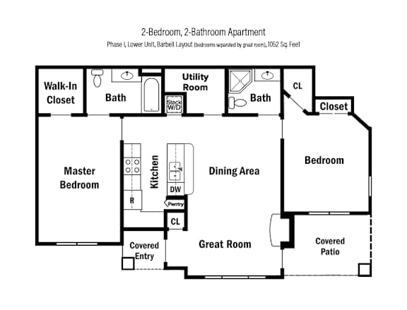 2-D floor plan of a 2-bedroom, 2-bathroom lower apartment in Phase I with bedrooms on either side of the great room, & private patio (1052 square feet)
