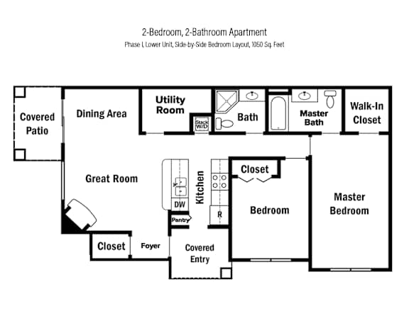 2-D floor plan of a 2-bedroom, 2-bathroom lower apartment in Phase I with side-by-side bedrooms & private patio (1050 square feet)