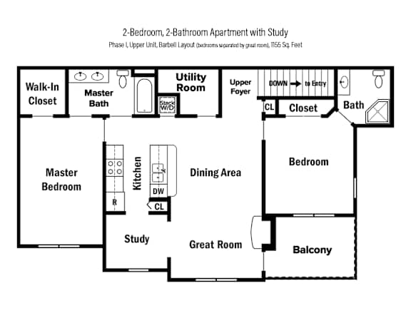 2-D floor plan of a 2-bedroom, 2-bathroom upper apartment in Phase I with study, bedrooms on either side of the great room, & private balcony (1155 square feet)