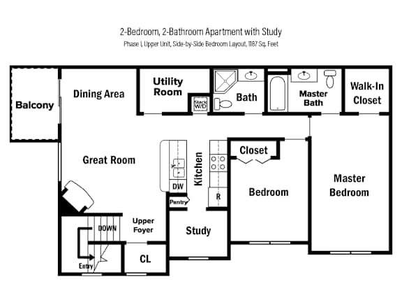 2-D floor plan of a 2-bedroom, 2-bathroom upper apartment in Phase I with study, side-by-side bedrooms & private balcony (1187 square feet)
