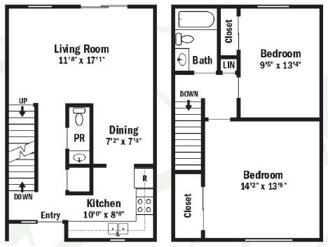 the floor plan of a small house with two bedrooms and a living room