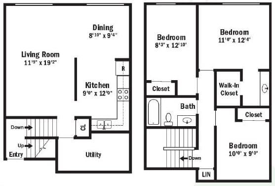 two floor plan of a house with a kitchen and a living room
