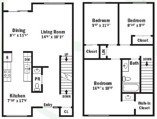 two floor plan of a house with a kitchen and a living room
