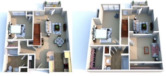 3-D floor plan of 2-bedroom, 2-bathroom, 2-story loft apartment with balcony